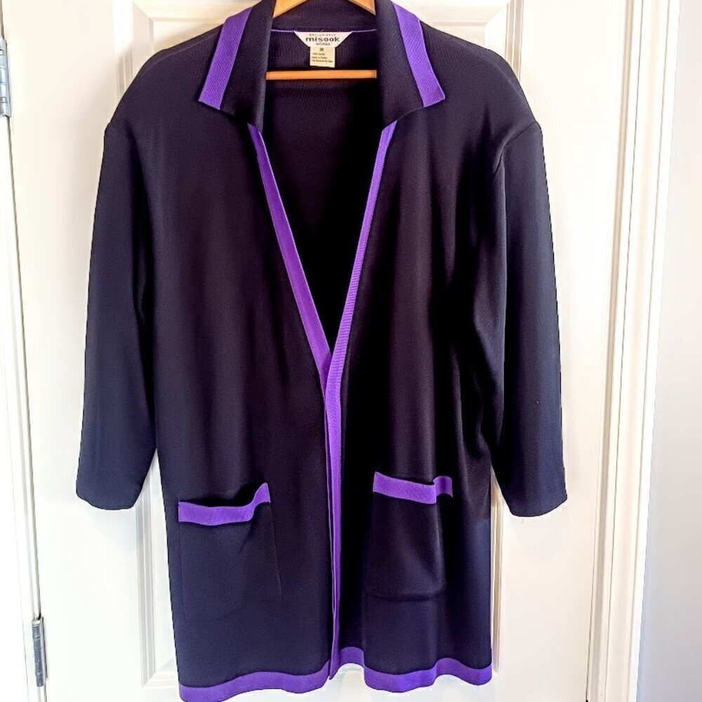 Misook Black Purple Trim Knit Cardigan Sweater 2X - Flawed